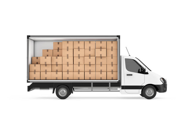 Empilement de nombreuses boîtes en carton Parcelles dans le compartiment fret de Cargo Van Minibus sur un fond blanc. Rendu 3d  - Photo, image