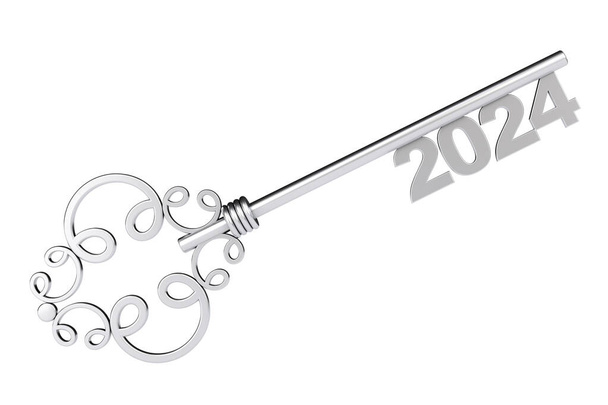 Срібний Vintage Key з 2024-річним знаком на білому тлі. 3D рендерингу - Фото, зображення