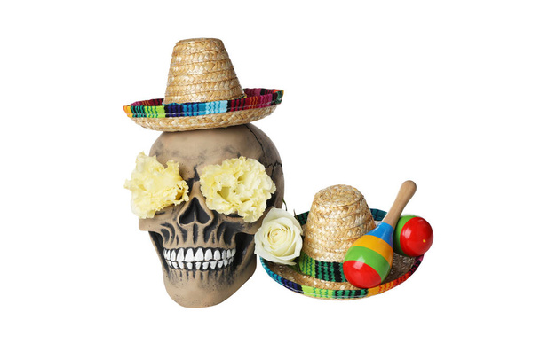 PNG,skull with flowers for Day of the Dead in Mexico, isolated on white background - Photo, Image