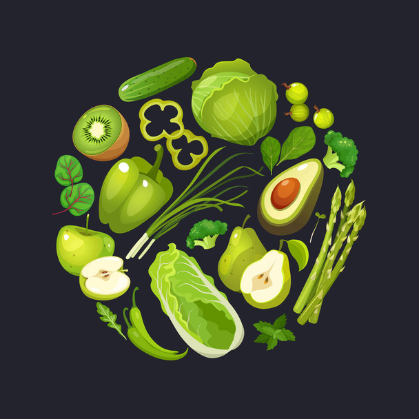 Zöld gyümölcsök és zöldségek gyűjteménye sötét alapon elszigetelve. Friss és egészséges élelmiszerek - Vektor, kép