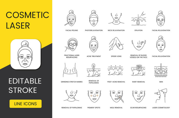 Laser cosmetology icons set vector line, editable stroke, post-acne removal, wart removal, facial peeling, acne treatment, photorejuvenation, skin removal of papillomas, laser cosmetology, epilation. - Vector, Image