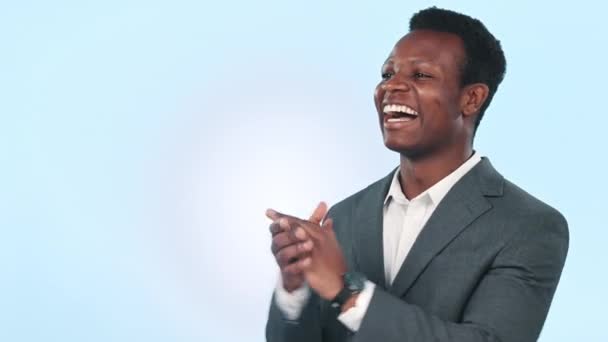 Black man, business and applause for success and praise for excellence in studio with happiness on blue background. Pride, clapping hands and corporate employee with support, help and mockup space. - Footage, Video