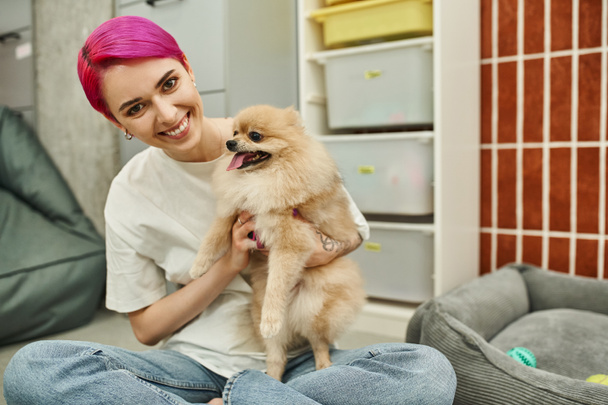 cheerful and stylish dog sitter embracing pomeranian spitz while looking at camera in pet hotel - 写真・画像