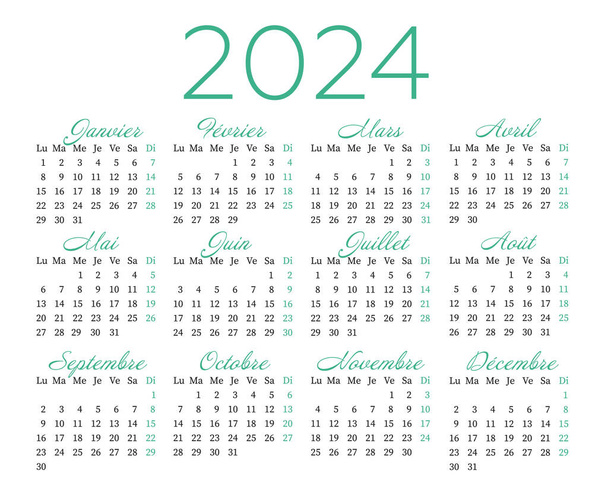 Ετήσιο πρότυπο ημερολογίου για το 2024 στα γαλλικά. Η εβδομάδα αρχίζει τη Δευτέρα.  - Διάνυσμα, εικόνα