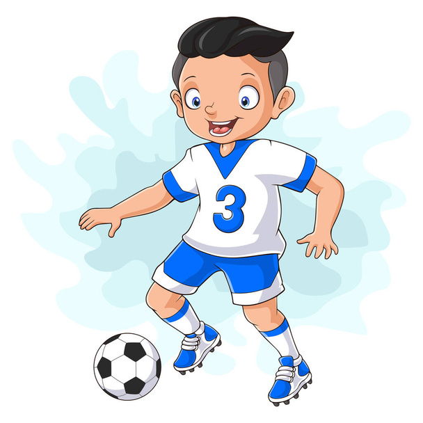 Γελοιογραφία μικρό αγόρι παίζει ποδόσφαιρο - Διάνυσμα, εικόνα