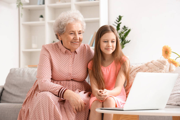 Malá holčička se svou babičkou sledování videa doma - Fotografie, Obrázek
