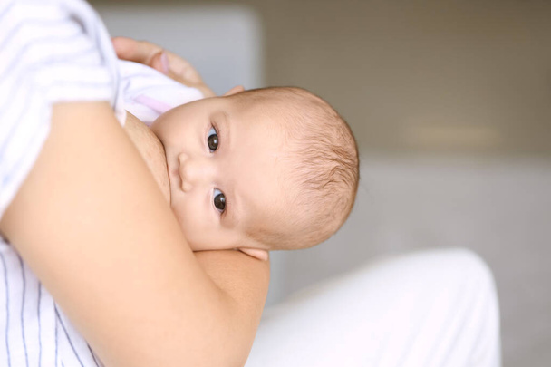 jonge vrouw borstvoeding haar baby thuis, close-up - Foto, afbeelding