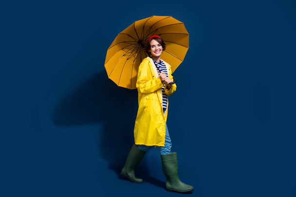 Full size body photo of young woman walking with umbrella wear raincoat rubber boots advertisement isolated on blue color background. - Foto, afbeelding