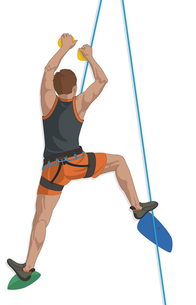 sport climbing male climber scaling indoor artificial rock wall isolated on a white background - Vector, Image