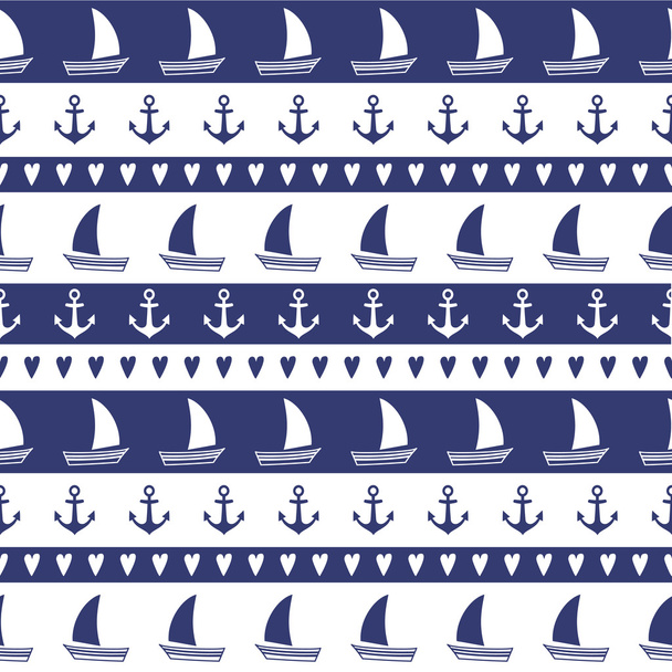 Navy vector seamless pattern: anchor, sailboat, heart - Vector, Image