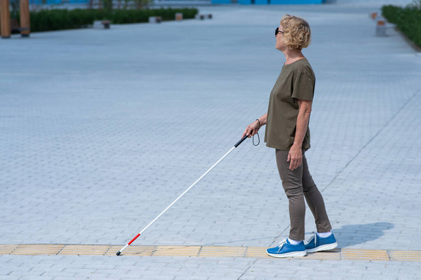 An elderly blind woman walks with a cane along a tactile tile - 写真・画像