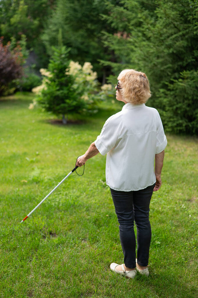 Veduta posteriore di un'anziana cieca che cammina nel parco con un bastone tattile - Foto, immagini