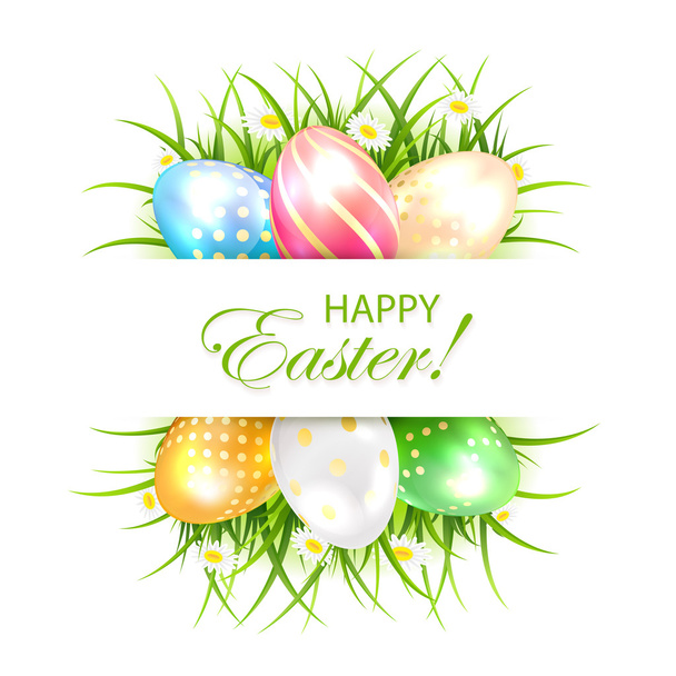 Easter eggs with grass and banner - Vector, imagen