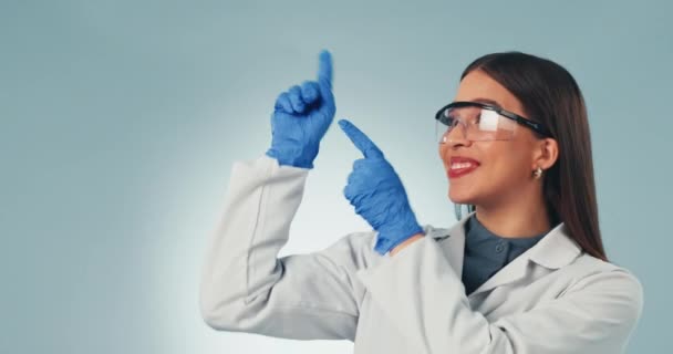 Happy woman, hands and scientist pointing in studio background with promotion or presentation of information. Science, portrait and person show mockup with checklist or menu guide in laboratory. - Footage, Video