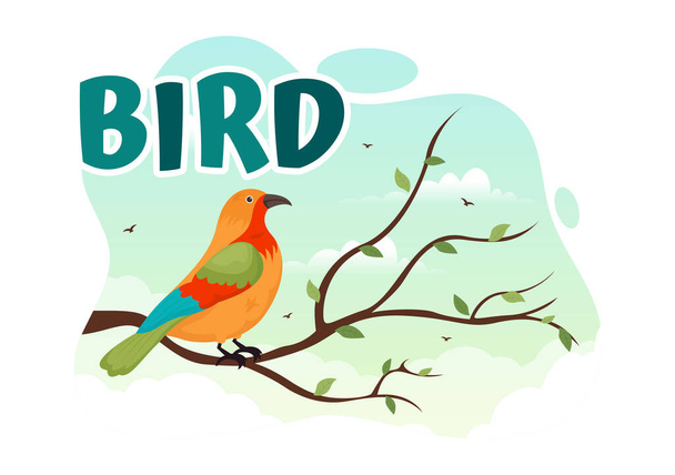 Madárállat vektor illusztráció madarak a fa gyökerek és az ég, mint a háttér Flat Cartoon Style Design Template - Vektor, kép