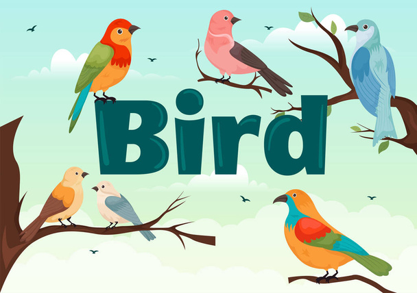 フラット漫画スタイルデザインテンプレートの背景としてツリールーツとスカイの鳥との鳥の動物ベクターイラスト - ベクター画像