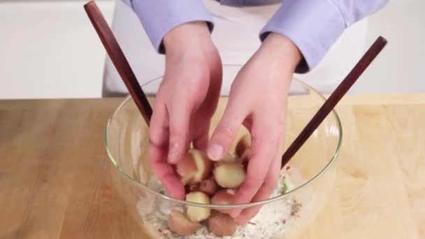Ziemniaki są dodawane do mieszanki - Materiał filmowy, wideo
