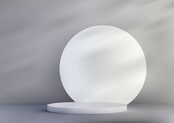 3D bílý pódiový stojan s kruhovým pozadím na šedém pozadí a přirozeným osvětlením, navržený tak, aby vylepšil displej a vitrínu vašeho produktu. Tento vektorový ilustrátor se svou elegantní a současnou estetikou - Vektor, obrázek