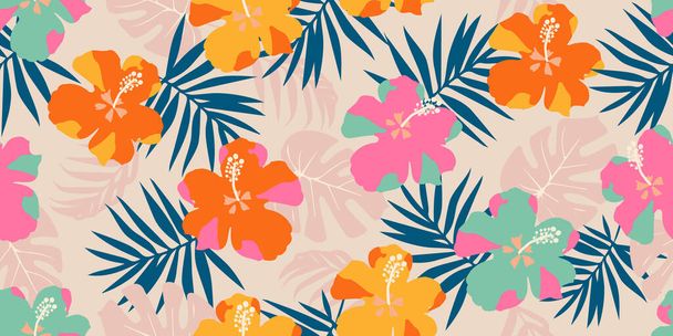 Tropical flower pattern seamless, silueta květu, ručně kreslené botanické, Květinový list pro jaro a léto, přírodní ozdoby pro textil, tkaniny, tapety, pozadí design. - Vektor, obrázek