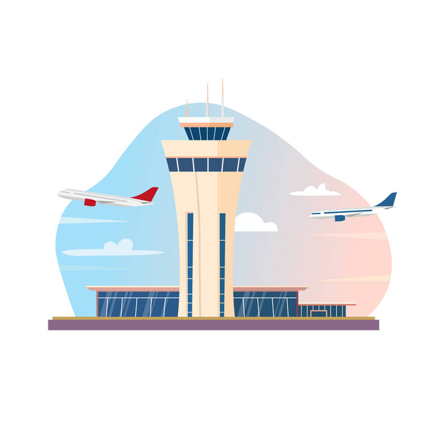 Αεροδρόμιο Terminal κτίριο και αεροπλάνα. Εικονογράφηση διανύσματος - Διάνυσμα, εικόνα