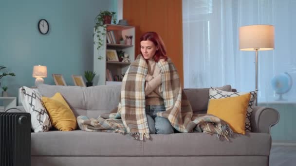 πορτρέτο μιας νεαρής γυναίκας τυλιγμένη σε μια ζεστή κουβέρτα προσπαθώντας να κρατήσει ζεστό λόγω του κρύου στο σπίτι κάθεται στον καναπέ, έλλειψη θερμότητας - Πλάνα, βίντεο
