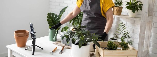 Relaxing home gardening. Smiling middle aged woman in black gloves with potted plant records gardening video blog in modern house - blogging and florist vlog influencer. - Foto, Imagen