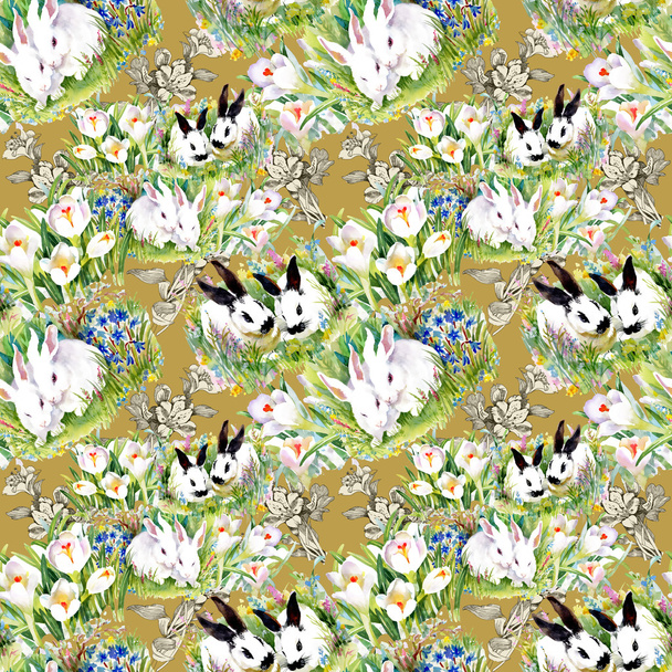 Watercolor rabbits pattern - Foto, Imagem
