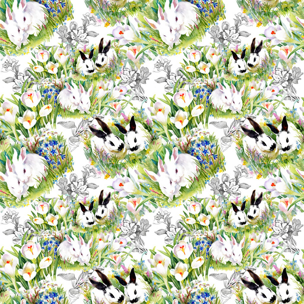 Watercolor rabbits pattern - Foto, afbeelding