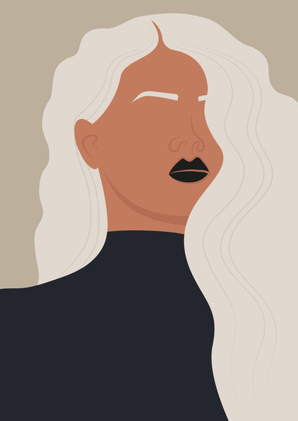 Illustration esthétique de belle jeune femme aux cheveux blancs. Portrait de fille albinos. Décor mural avec dame de la mode. Affiche artistique contemporaine. Tirage d'art du milieu du siècle pour la décoration de chambre à coucher, œuvre d'art bohème - Vecteur, image