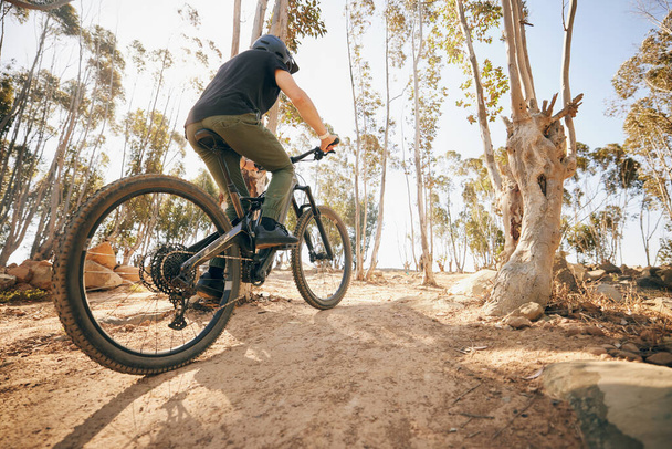 Man, exercise and mountain bike for sport in nature, forest and marathon training by cycling. Athlete, trees and bicycle adventure for health, mountains and off road with terrain for extreme sports. - Photo, Image