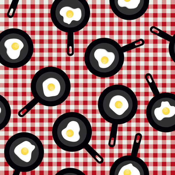 Vector seamless pattern with frying pans. Frying pan with scrambled eggs - Vector, Image