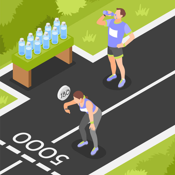 Fond isométrique des coureurs de marathon avec des athlètes buvant de l'eau et mesurant le pouls après illustration vectorielle longue distance - Vecteur, image