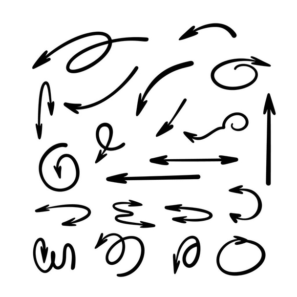 Nyilak beállítása egyszerű kézzel rajzolt vektor illusztráció, szabad forma ívelt, egyenes jelek mutató különböző irányokba - Vektor, kép