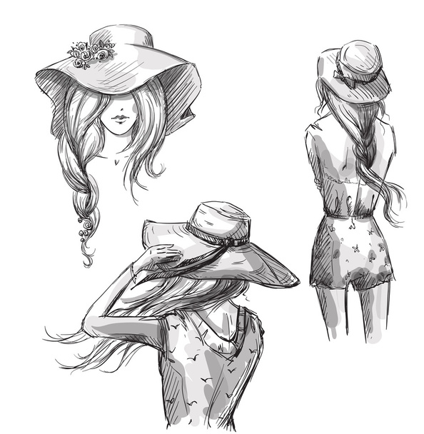 Ilustración de moda. Mano dibujada. Chicas con sombreros
 - Vector, imagen