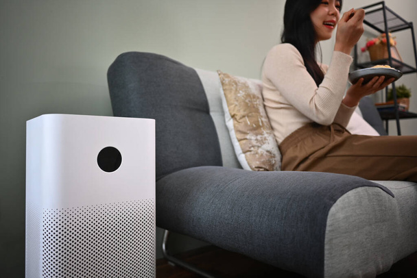 Luftreiniger im Wohnzimmer zum Filtern und Reinigen von Staub PM2,5 mit einer Frau, die es sich auf dem Sofa im Hintergrund gemütlich macht. - Foto, Bild
