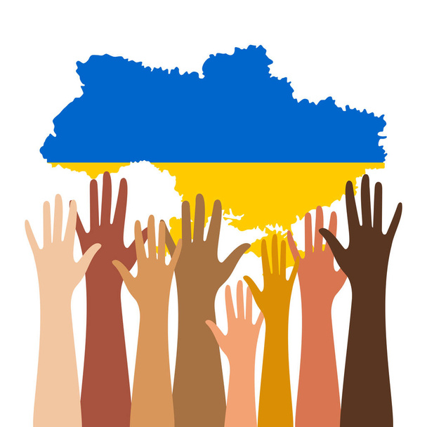 Die Hände von Menschen unterschiedlicher Nationalitäten unterstützen die Ukraine. Landkarte der Ukraine in den Nationalfarben der Ukraine auf weißem Hintergrund. Vektor. - Vektor, Bild