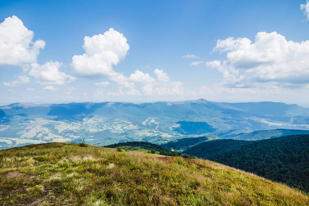 Prachtig uitzicht op de Oekraïense Karpaten naar de bergen en dalen. Rotsachtige toppen en hout van de Karpaten in de late zomer. Geel en groen gras, en de top van de berg en het pad ernaar - Foto, afbeelding