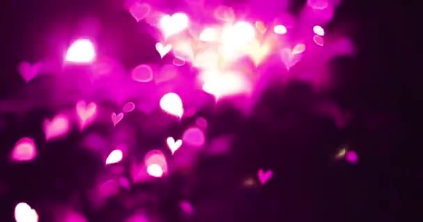 Pink color love heart glowing bokeh effect on black background. Romantic Abstract Motion Background. Valentine's Day, Festival Event, Wedding, Confetti, Christmas, Diwali, Celebration, New Year. - Footage, Video