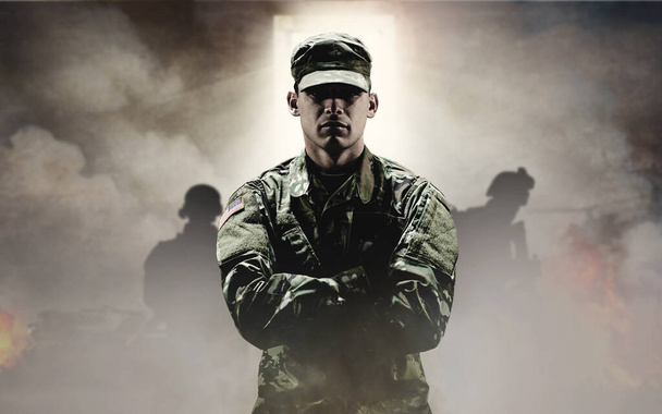 Man, soldier or hero in war with smoke in explosion, team or shadows in overlay for mockup. Military, person or commander on mission with light, door and standing with confidence, hope and future. - Photo, Image