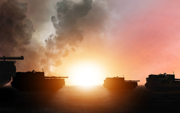 Πόλεμος, στρατιωτική σιλουέτα τανκ και ανατολή του ηλίου στο πεδίο της μάχης με συγκρούσεις, οχήματα και πολιτική με έκρηξη. Πορτοκαλί, φωτιά και καπνός από μάχη ή μάχη, ένοπλες δυνάμεις και πόλεμος με στρατό σε εμπόλεμη ζώνη. - Φωτογραφία, εικόνα