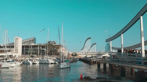 Όμορφο καλοκαιρινό τοπίο του Marina Port Vell στη Βαρκελώνη. Πολλά σκάφη στο λιμάνι. Σύγχρονη ακριβά ιστιοφόρα γιοτ στο νερό - Πλάνα, βίντεο