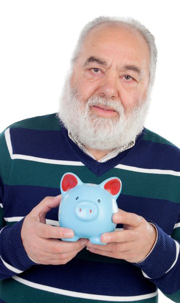Старший чоловік з білою бородою і синьою коробкою грошей
 - Фото, зображення