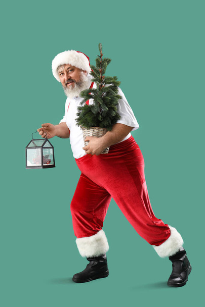 Санта-Клаус с елкой и подарком на зеленом фоне - Фото, изображение
