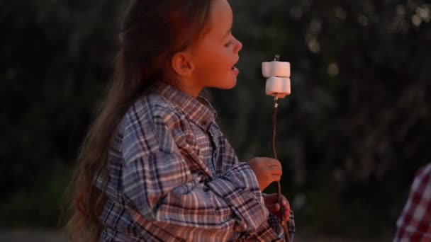 Дитина їсть смажений зефір під час саморобного вогнища під час сімейної поїздки в табір ввечері. Концепція активного способу життя. Копіювати простір - Кадри, відео