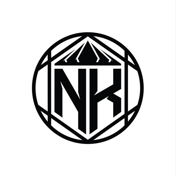 NK Letter Logo μονόγραμμα εξάγωνο φέτα στέμμα αιχμηρό σχήμα ασπίδας απομονωμένο κύκλο αφηρημένο στυλ πρότυπο σχεδιασμού - Φωτογραφία, εικόνα