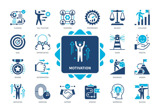Set di icone di motivazione. Determinazione, Sfida, Obiettivi, Opportunità, Supporto, Ispirazione, Prestazioni, Lavoro di squadra. Icone tinta unita Duotone - Vettoriali, immagini