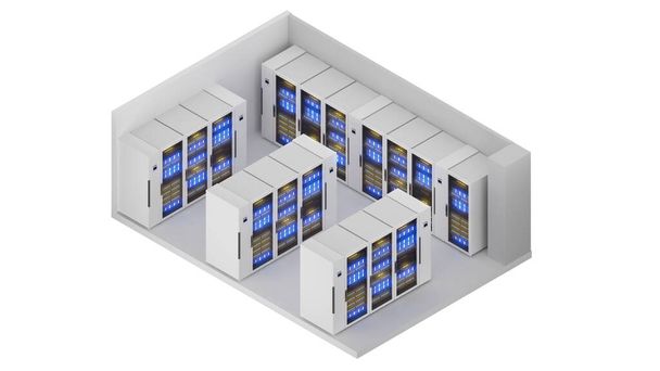 Isometric view of a small size server room,Data Center With Multiple Rows of Fully Operational Server Racks., 3d rendering. - Fotografie, Obrázek