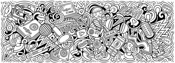 Cartoon raster Podcast doodle ilustração apresenta uma variedade de objetos e símbolos de conteúdo de áudio. Skethcy caprichoso engraçado imagem. - Foto, Imagem