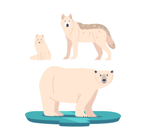 Η πολική αρκούδα, η αρκτική αλεπού και ο λύκος, είναι εικονικά αρκτικά ζώα, προσαρμοσμένα για το ακραίο κρύο. Αυτά τα ψυχρά προσαρμοσμένα πλάσματα ξεπετάγονται στα παγωμένα τοπία του απώτερου Βορρά. Εικονογράφηση διάνυσμα κινουμένων σχεδίων - Διάνυσμα, εικόνα