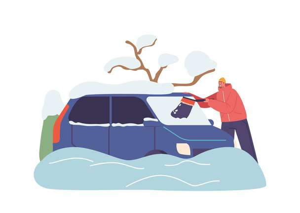 Mužský znak Čisté čelní sklo. Pečlivý muž pečlivě odstraňuje sníh z jeho auta Windows, odhodlán zajistit bezpečný a čistý výhled na jeho zimní cestu před sebou. Vektorová ilustrace kreslených osob - Vektor, obrázek